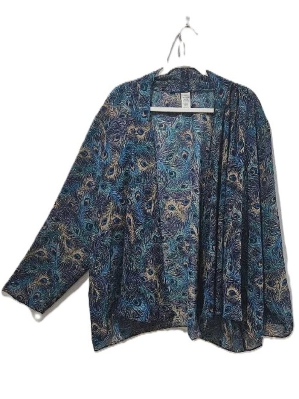 ROYAL BLUE TEAL NAVY GOLD PEACOCK FEATHER CHIFFON KIMONO 2X